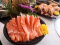 juicy yummy delicious tasty raw and fresh fatty Sliced ââorange salmon sashimi fish in Japanese style popular seafood Royalty Free Stock Photo